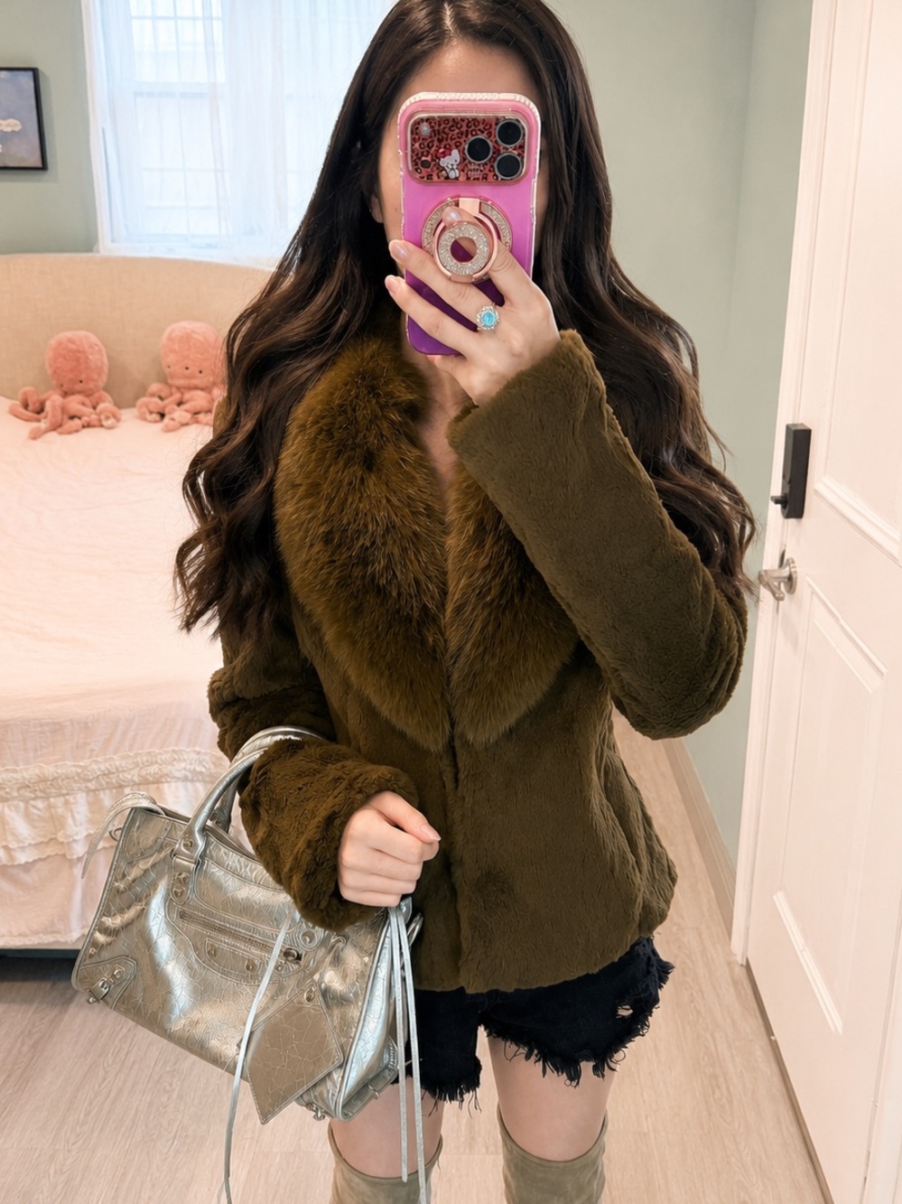 Vintage Olive Rabbit Fur Jacket with Genuine Fox Fur Collar Coat - Picture 6 of 8